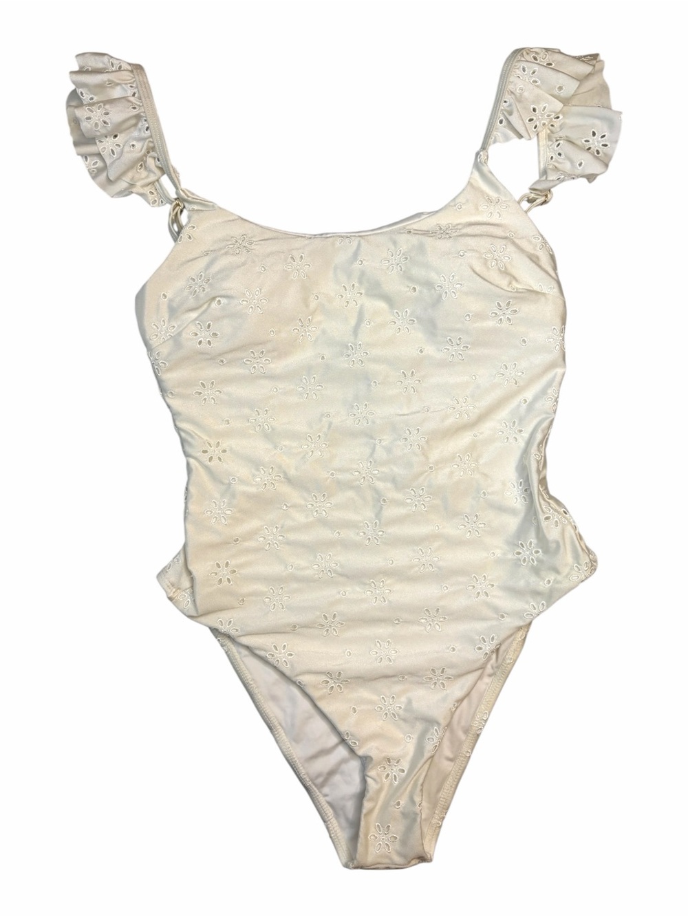 Eyelet Ruffle Strap One-Piece Swimsuit - Cream